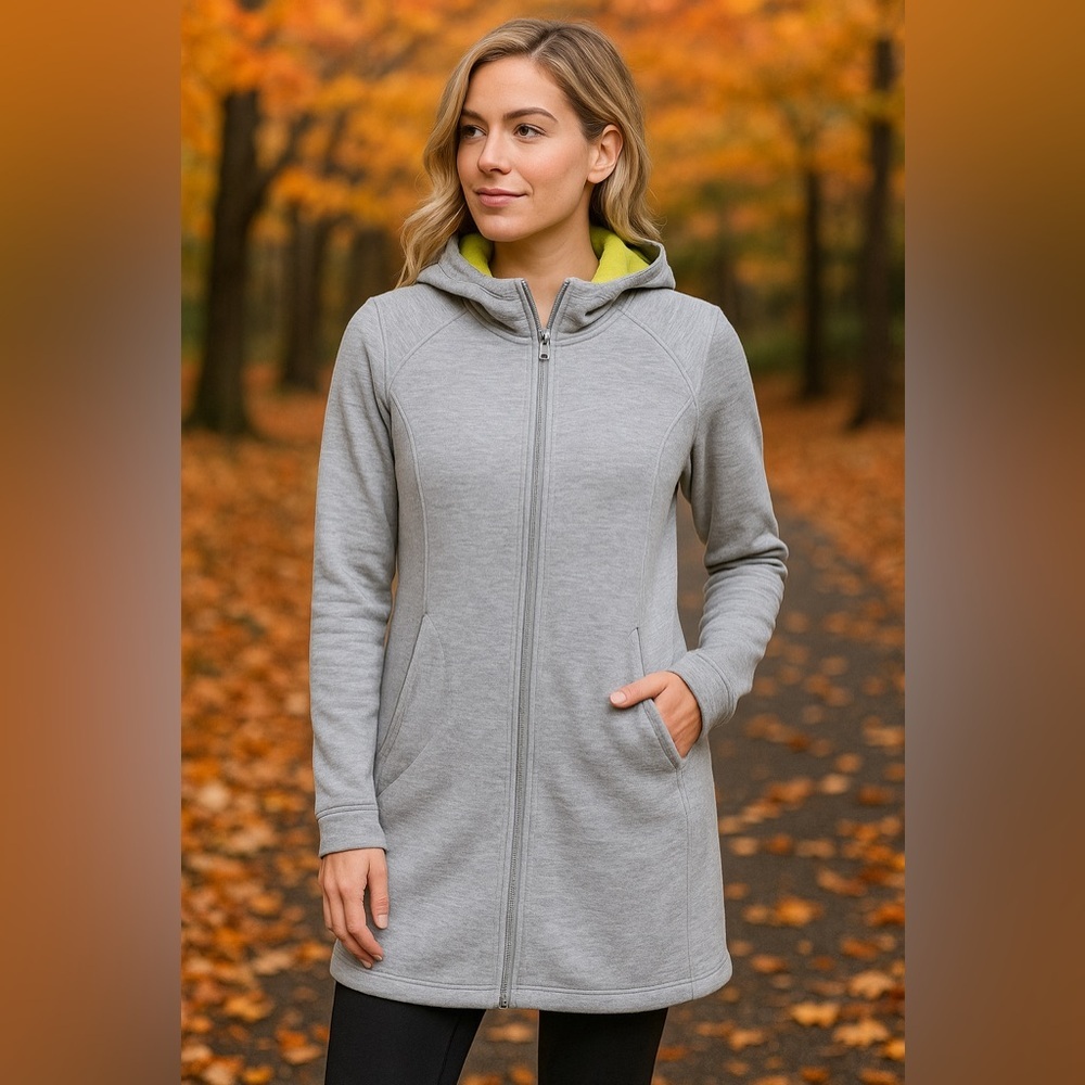 Athleta Grey Long Zip Up Fleece Sweatshirt Hoodie Jacket Size Large